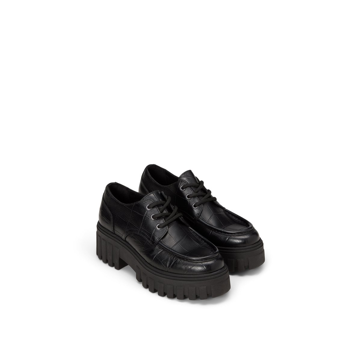 Chaussures à lacets à plateforme, modèle Vala en cuir de vachette aspect croco noir, MARC O'POLO