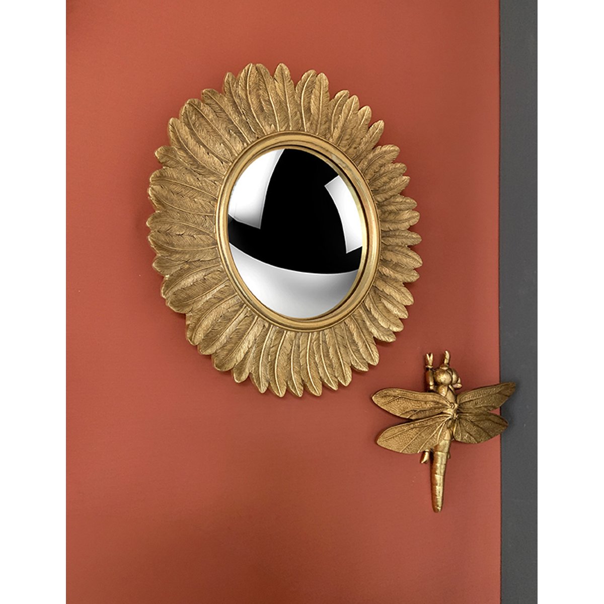 Miroir rond soleil convexe contours plumes 33 cm or, EMDE