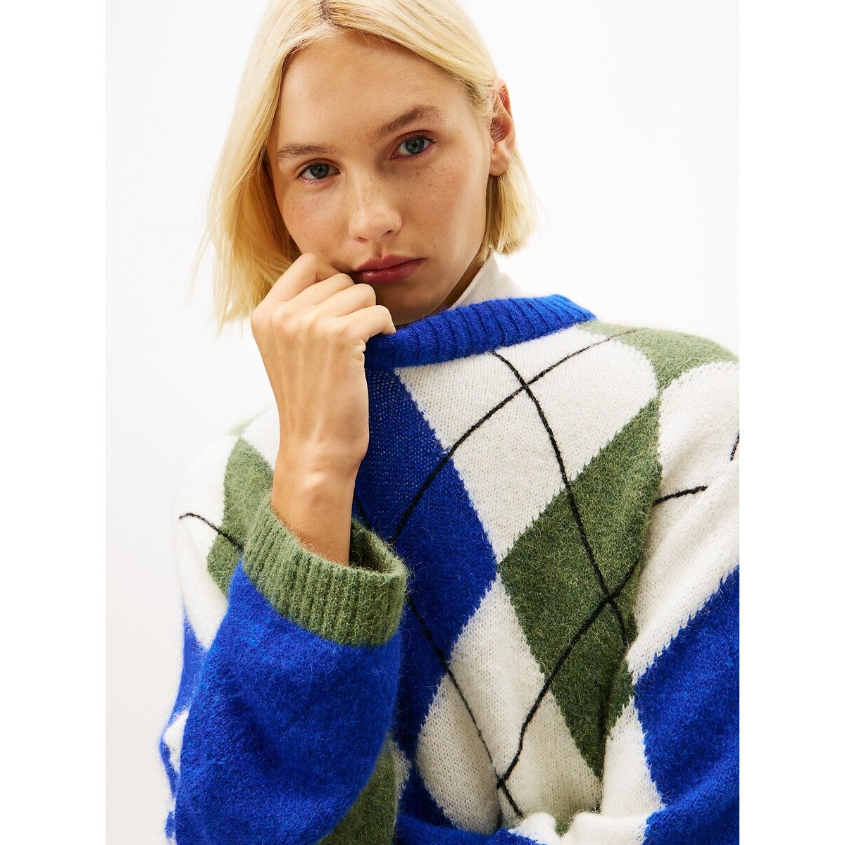 Pull col rond à motif losanges  carreaux bleu/vert, TOMMY HILFIGER