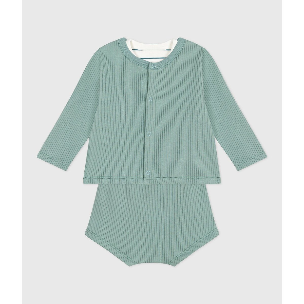 Three-Piece Birth Set in Cotton and T-Shirt green + white, PETIT BATEAU