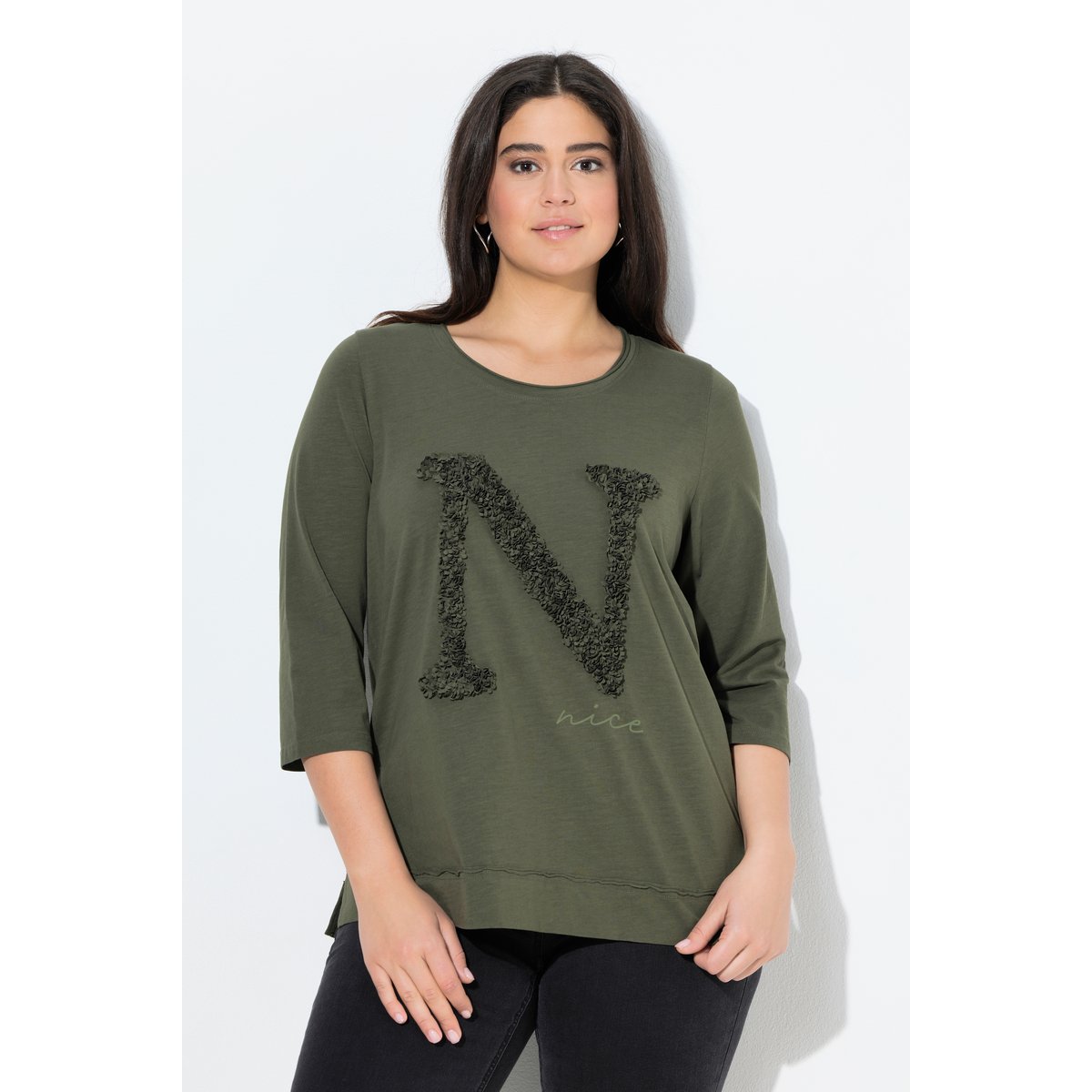 T-shirt classique à manches 3/4 et col rond gris olive, ULLA POPKEN