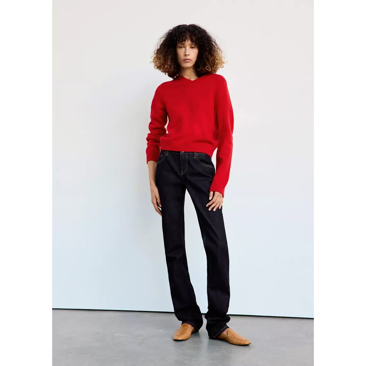 Pull-over laine col en V rouge, MANGO