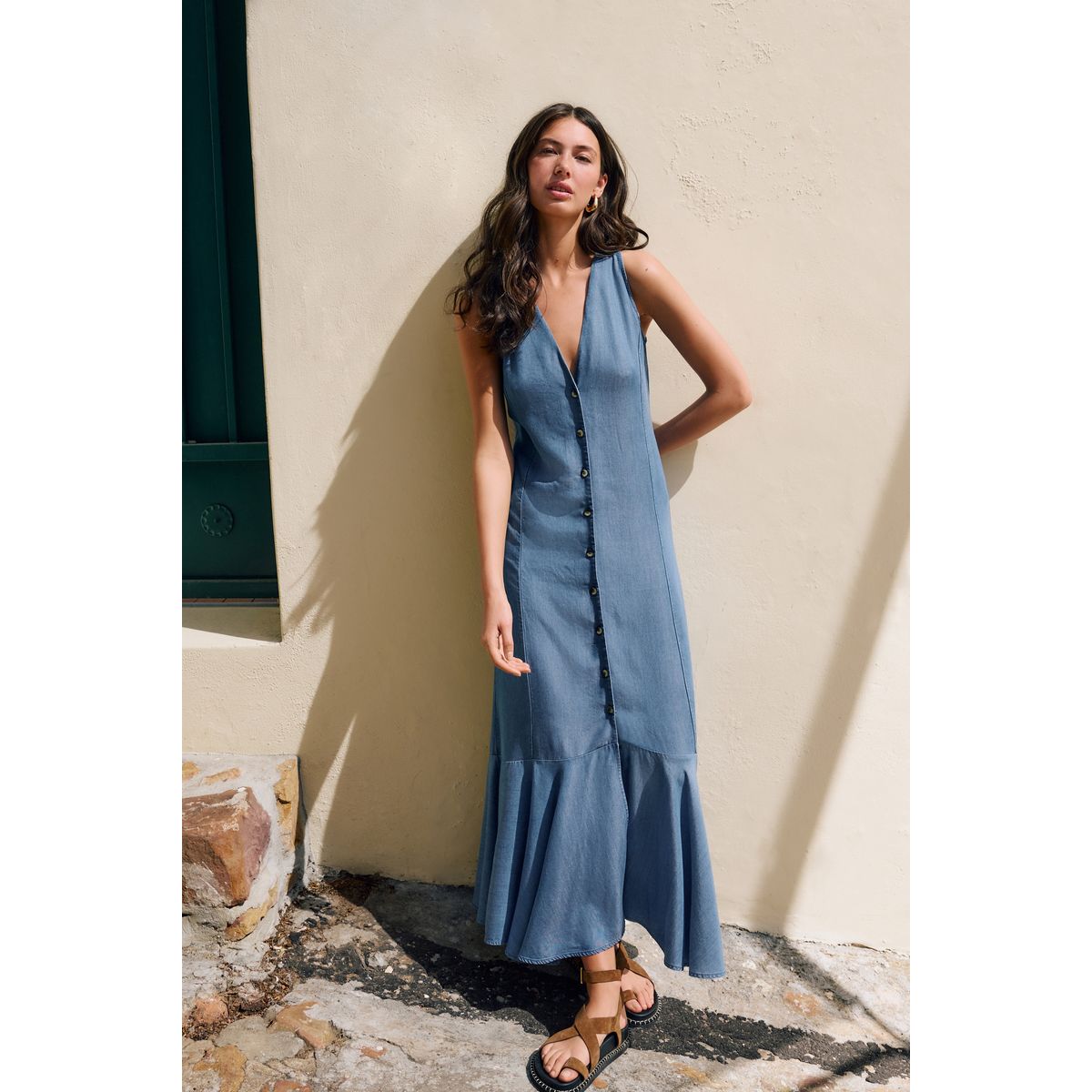 Robe mi-longue boutonnée bleu, NEXT