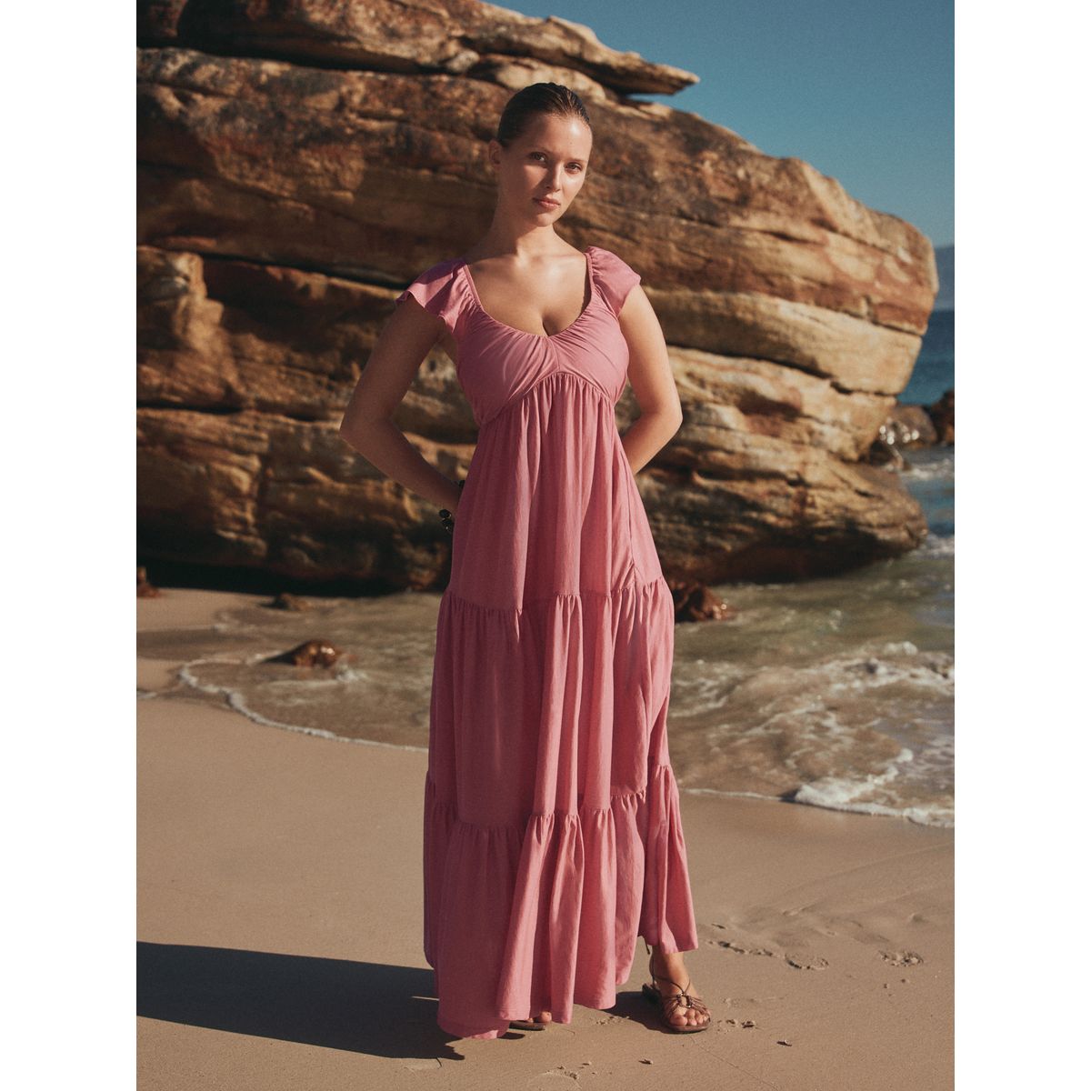Robe midi en jersey à col v rose, NEXT