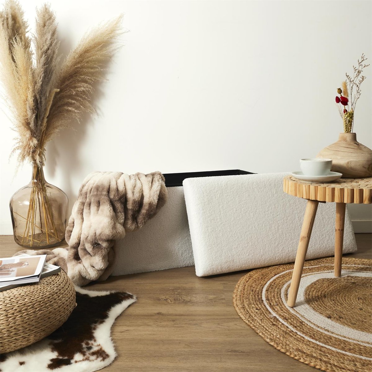 Banc coffre pliable en bouclette blanc blanc, EDEN