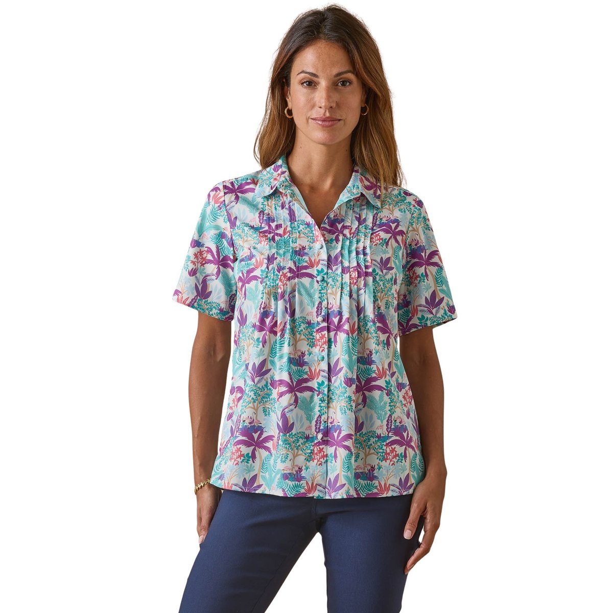 Chemisier effet plastron manches courtes imp. flamant violet, DAXON