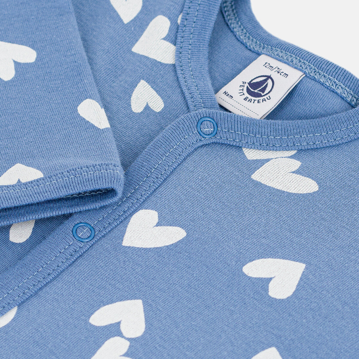 Pyjama sans pieds, en coton, imprimé cœurs imprimé fond bleu, PETIT BATEAU