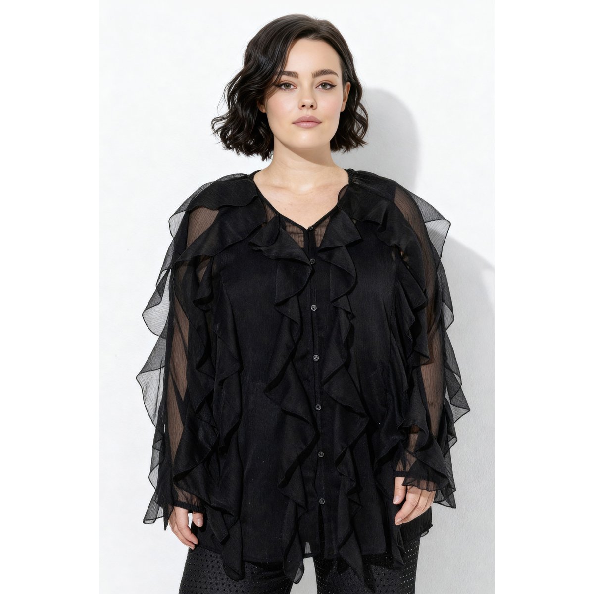 Blouse à volants, coupe évasée noir, ULLA POPKEN