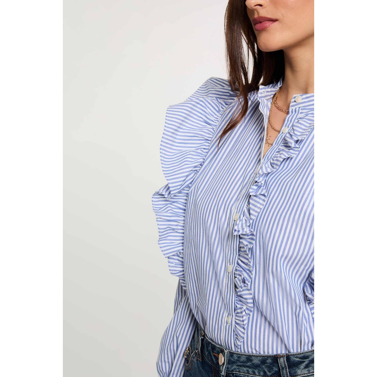 Chemise rayée col mao bleu ciel, MORGAN