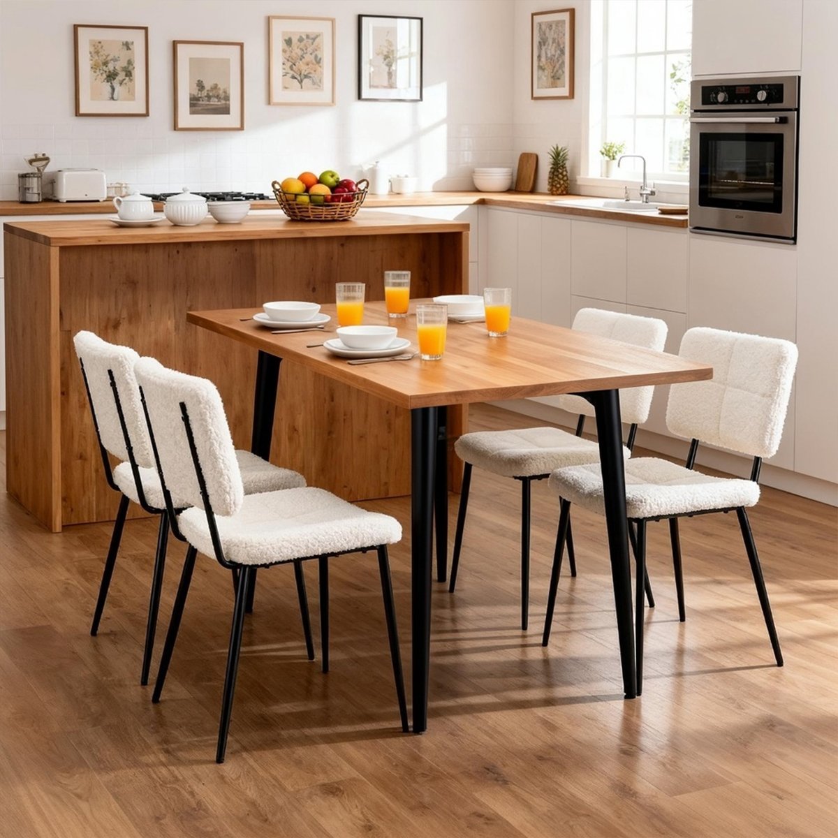 Lot de 4 chaises de salle à manger en bouclette, POMONA beige, MEUBLES COSY