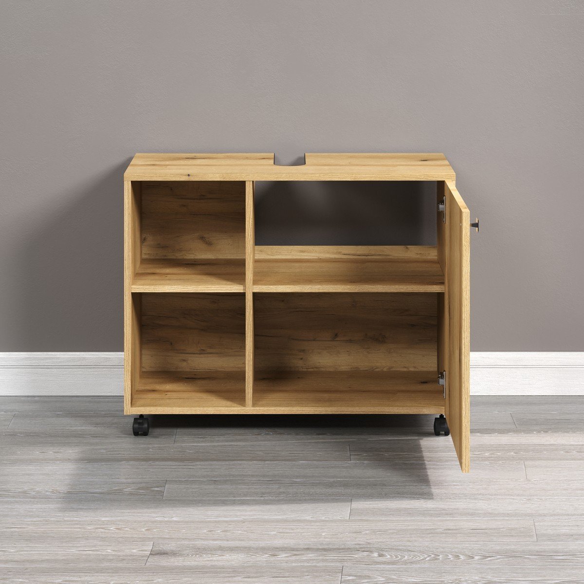 Meuble sous vasque sur roulettes 1 porte et 2 niches L80 cm - PUREBLISS chêne blond et noir mat, CALICOSY