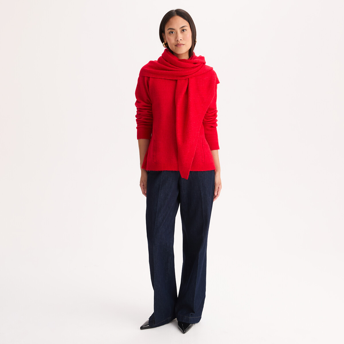 Pull col rond, en maille fine, avec foulard amovible rouge chiné, ANNE WEYBURN