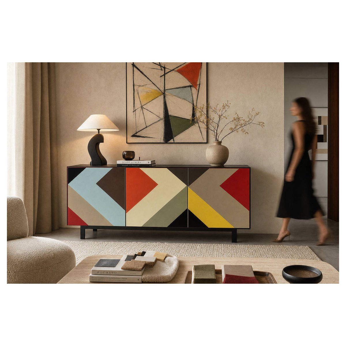 Buffet en verre et métal design géométrique noir et multicolore, RECOLLECTION