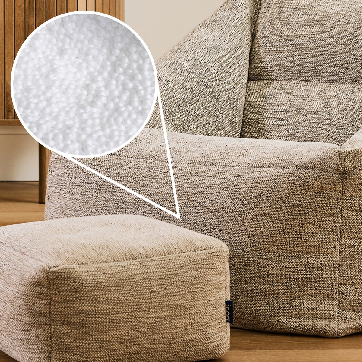 Pouf fauteuil salon et son repose-pied carré en tissu tissé Oeko-Tex® - NATALIA naturel beige, ICON