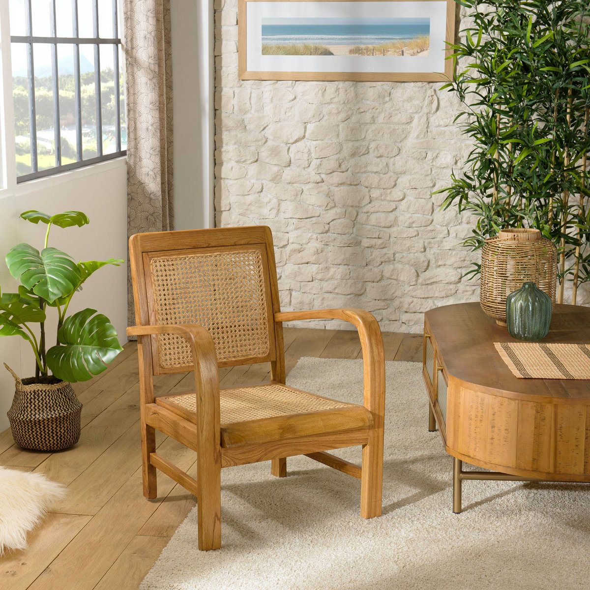 Fauteuil relax bois et rotin DIKA bois clair, PIER IMPORT