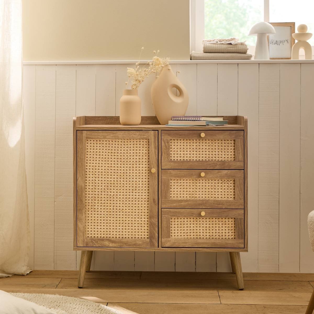 Commode 1 porte 3 tiroirs - PALMO bois clair, CALICOSY