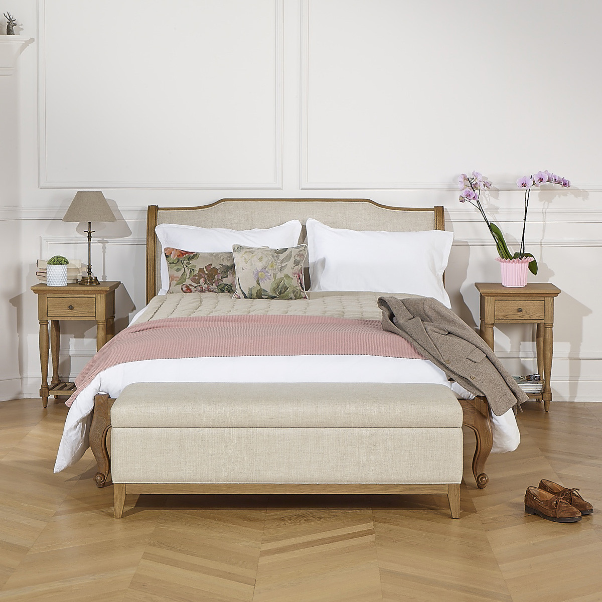 Banc de rangement style shabby chic en chêne et lin VIRGINIA lin, ROBIN DES BOIS