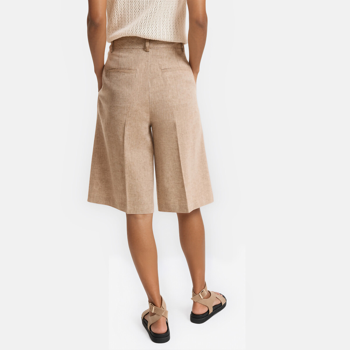 Bermudas de lino y algodón con pinzas camel, LA REDOUTE COLLECTIONS