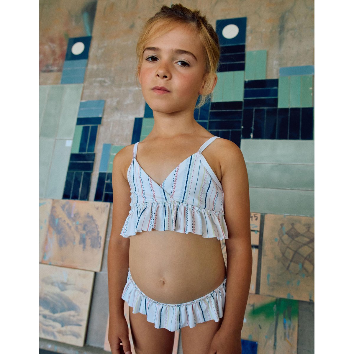 Maillot de bain 2 pièces à rayures ethniques et volants B&S blanc, ZIPPY