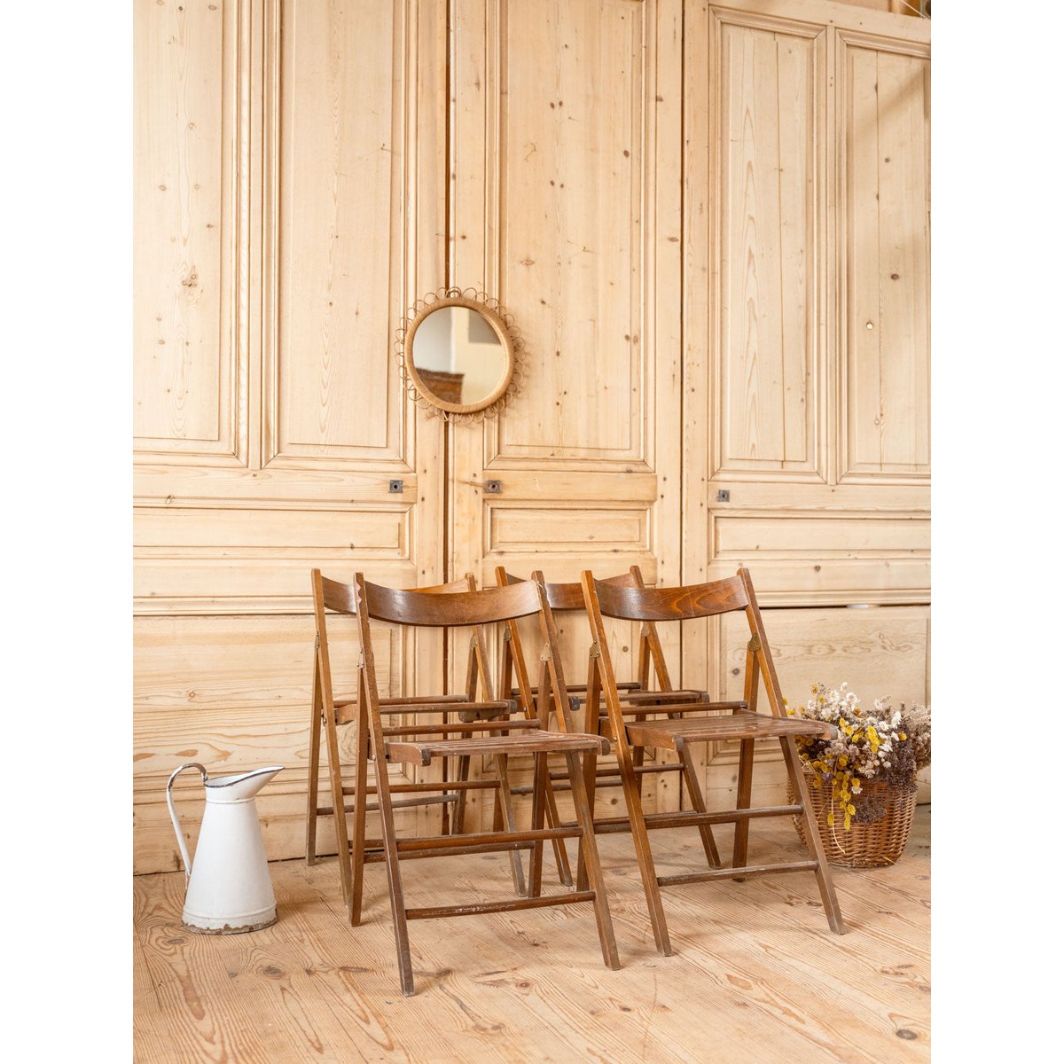 Lot de 4 chaises pliantes en bois Claude N°1462 - Bon état bois foncé, DEBONGOUT
