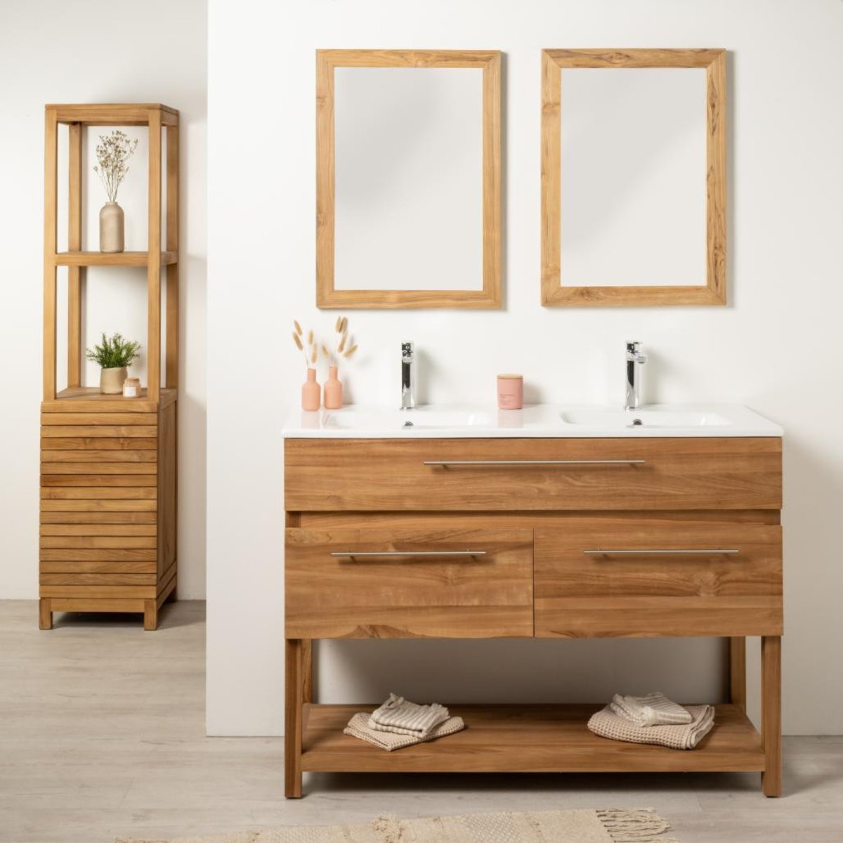 Meuble salle de bain en teck massif et céramique Bagster 120 cm blanc, WANDA COLLECTION