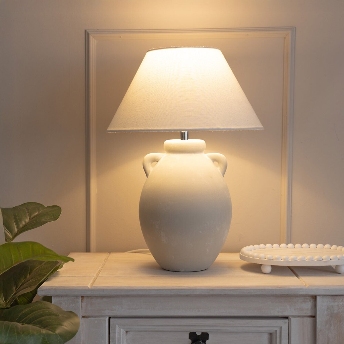Dylan Stoneware Ceramic Vase Table Lamp with Linen Tapered Shade grey, SO'HOME