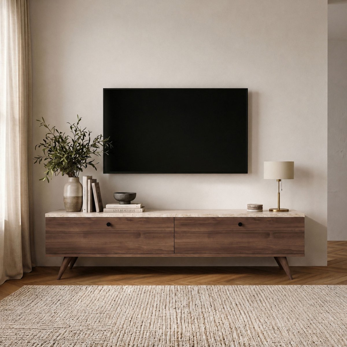 Meuble TV 2 portes plateau effet travertin et bois L160cm- YARA bois foncé, DRAWER