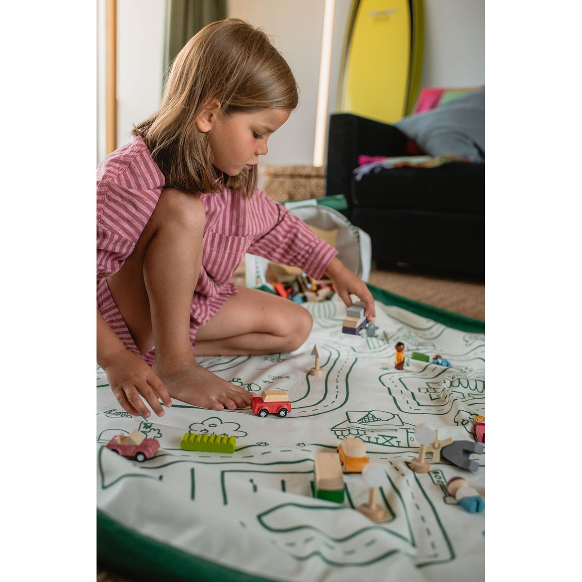 play&go - tapis de jeu & panier à jouets - roadmap ecru/vert, PLAY ET GO