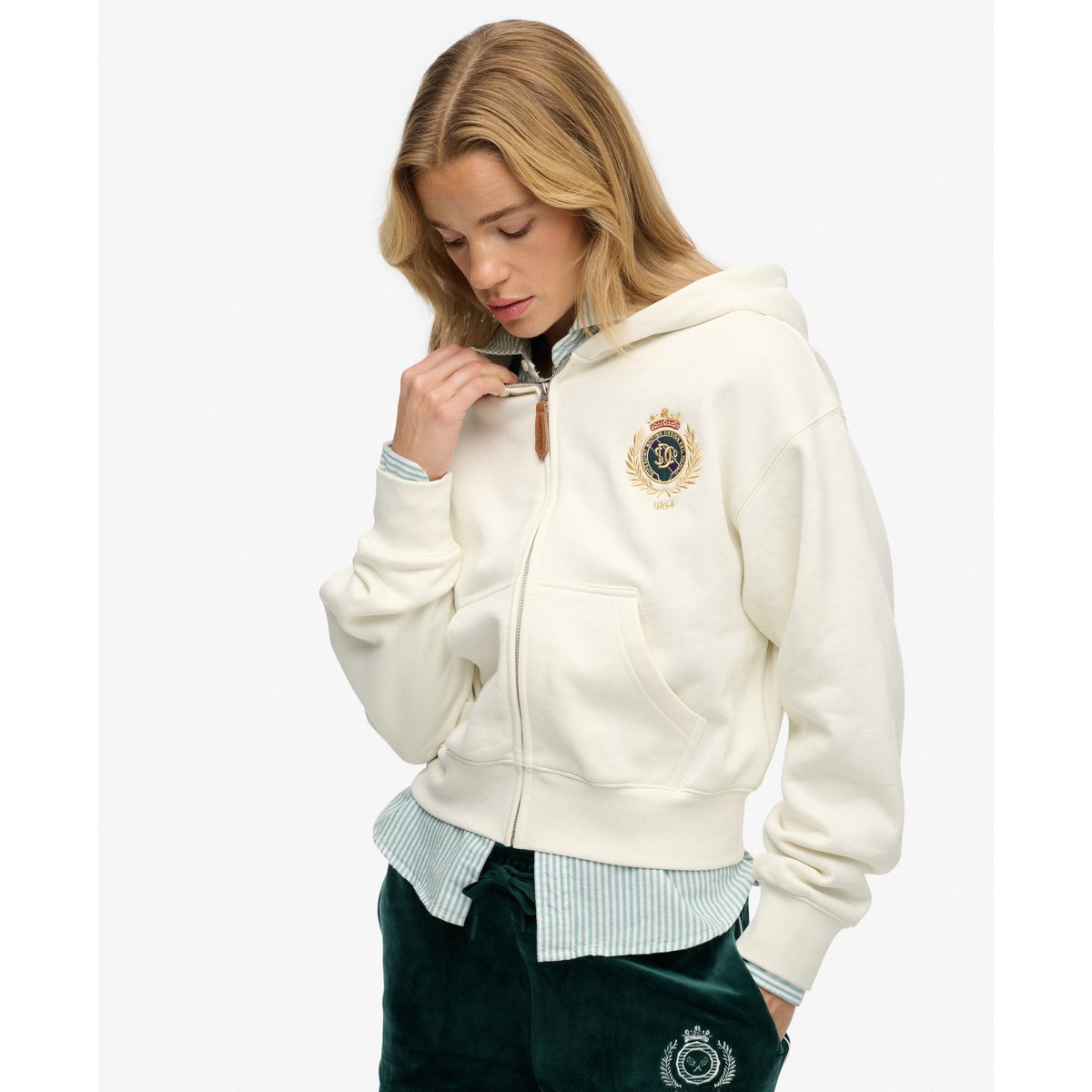 Sweat à capuche zippé Country Club blanc cassé, SUPERDRY
