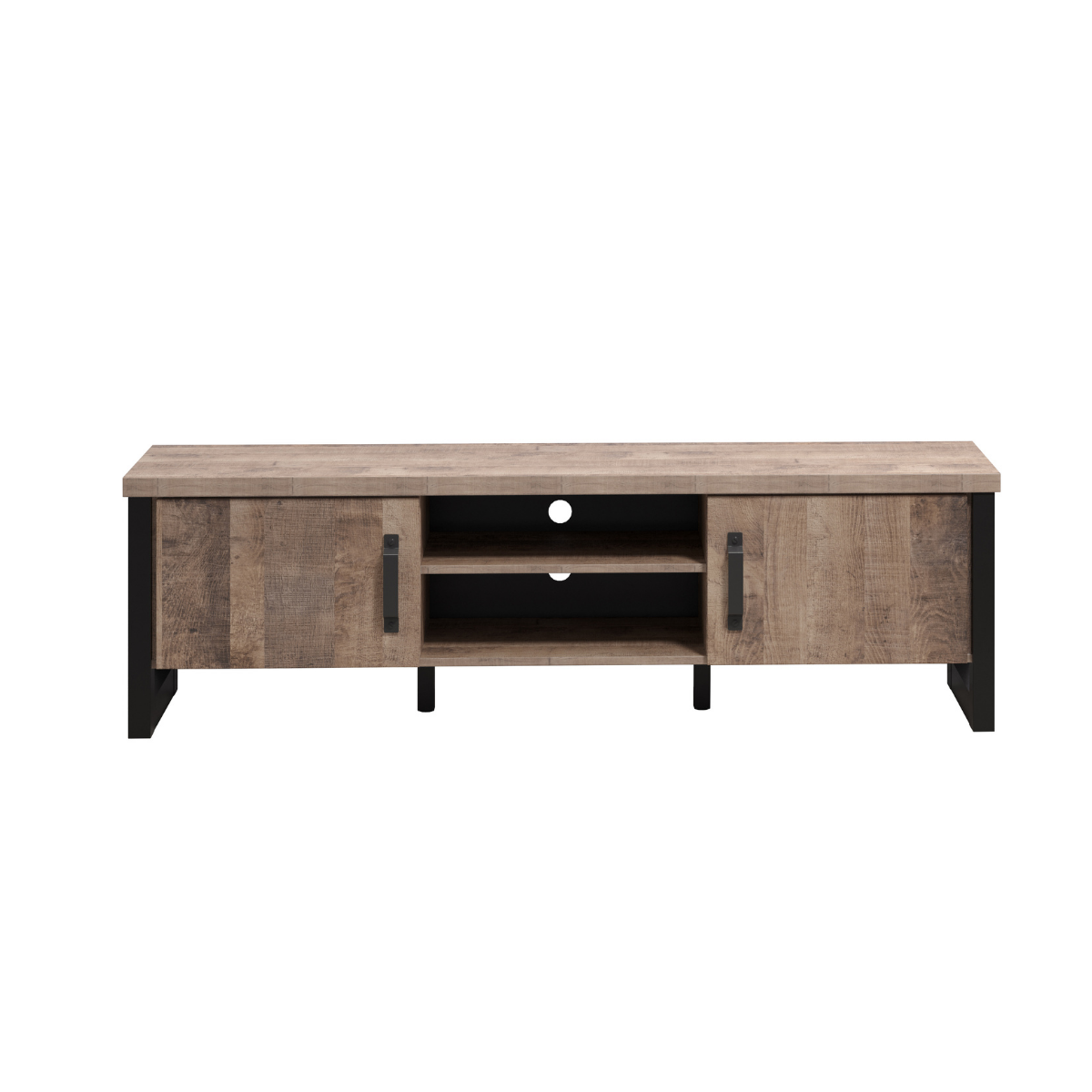 Meuble TV 2 portes, 2 niches et 2 ouvertures passe-câbles L166 cm - EMILE bois clair, CALICOSY
