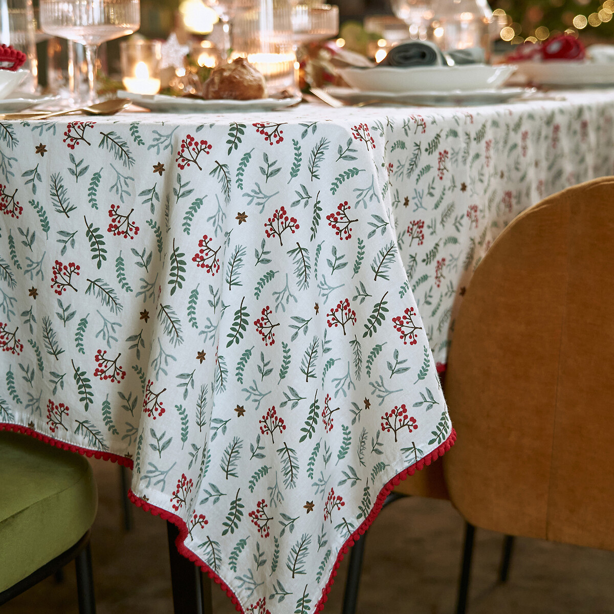 Nappe coton lavé, Winter berry fond blanc/imprimé, LA REDOUTE INTERIEURS