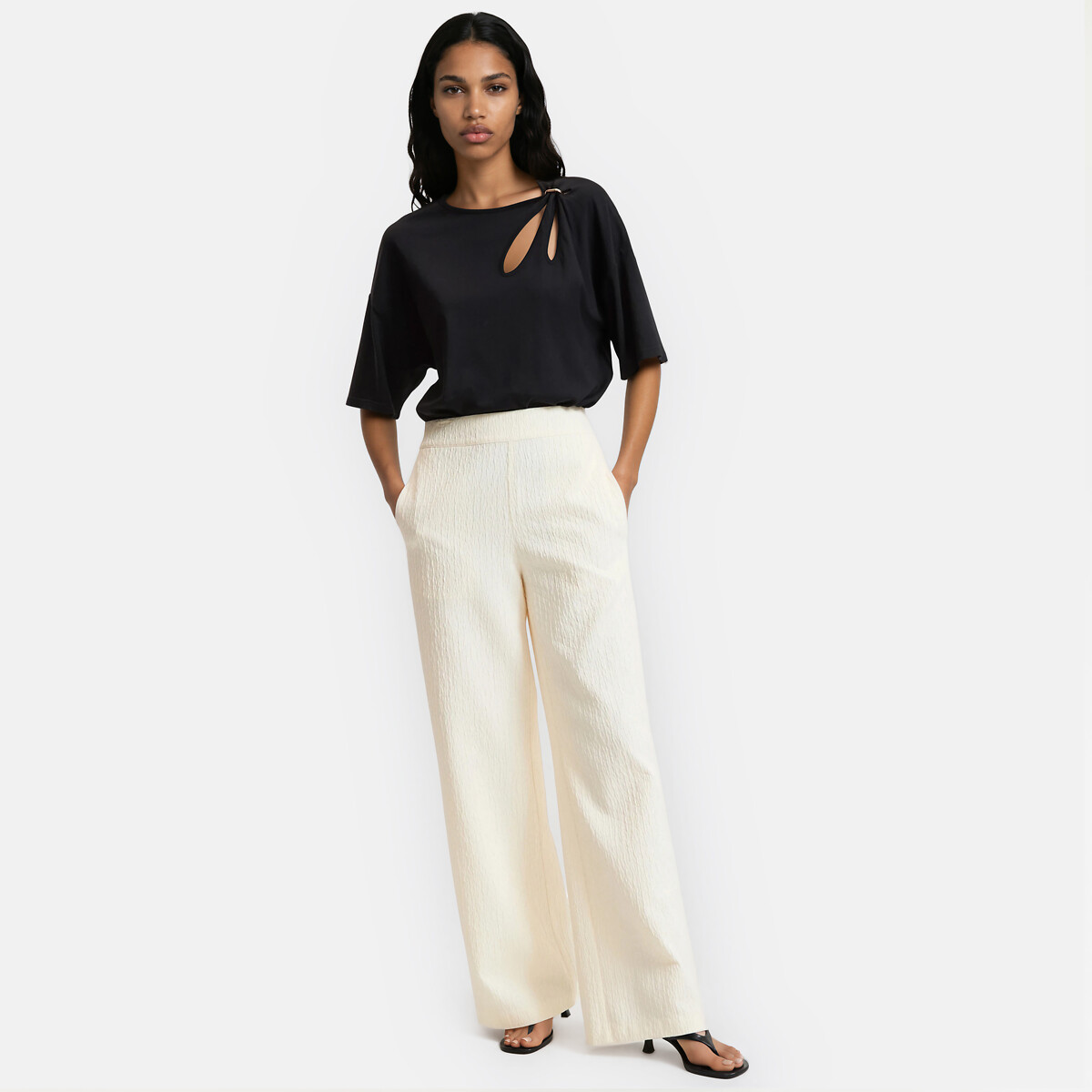 Pantalon large, tissu aspect crépon blanc cassé, LA REDOUTE COLLECTIONS