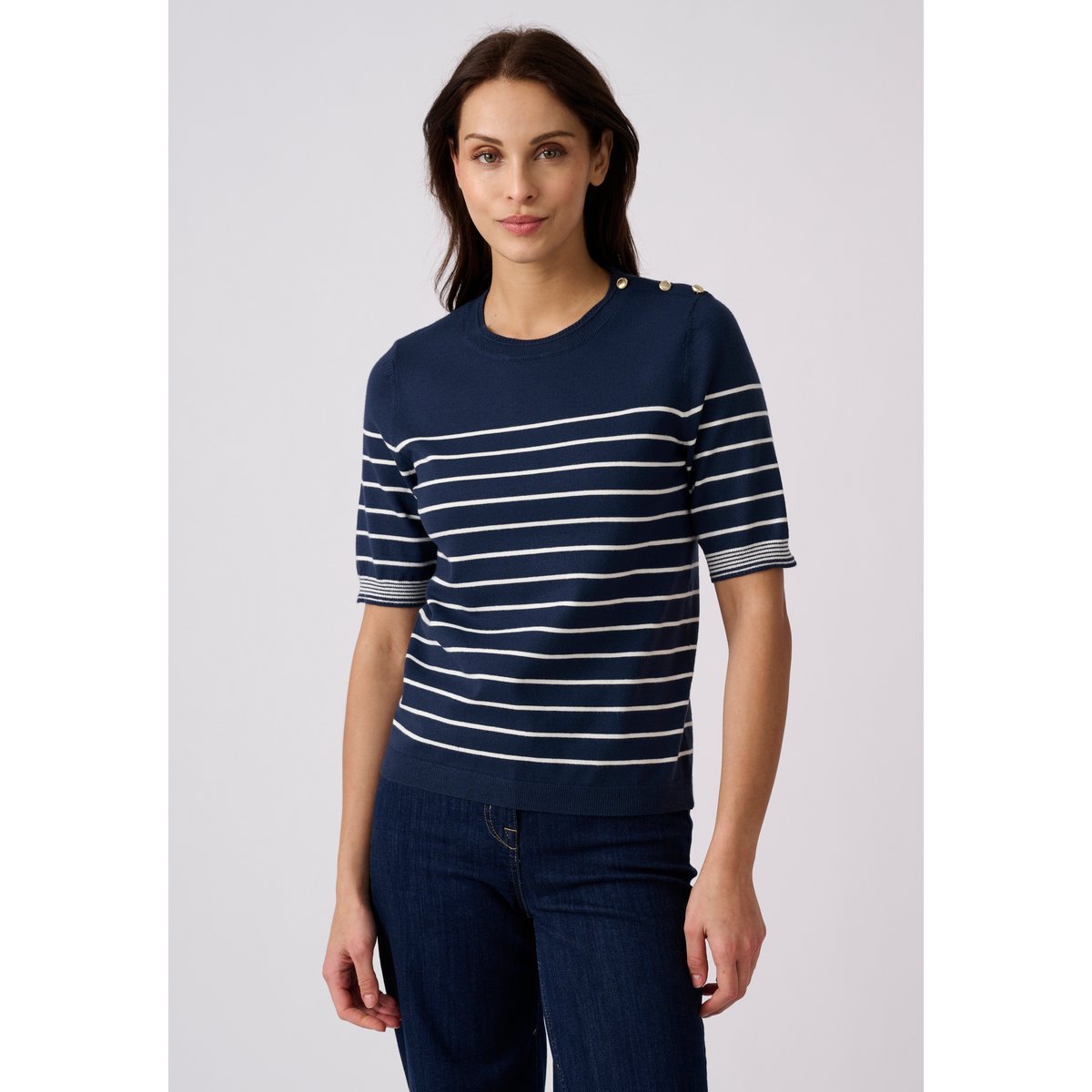 Pull rayé manches aux coudes bleu marine rayé, DAMART