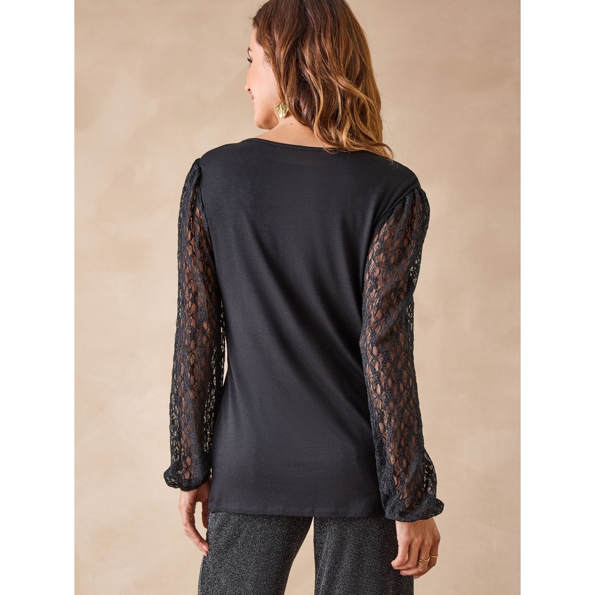 Tee-shirt manches dentelle noir, DAXON
