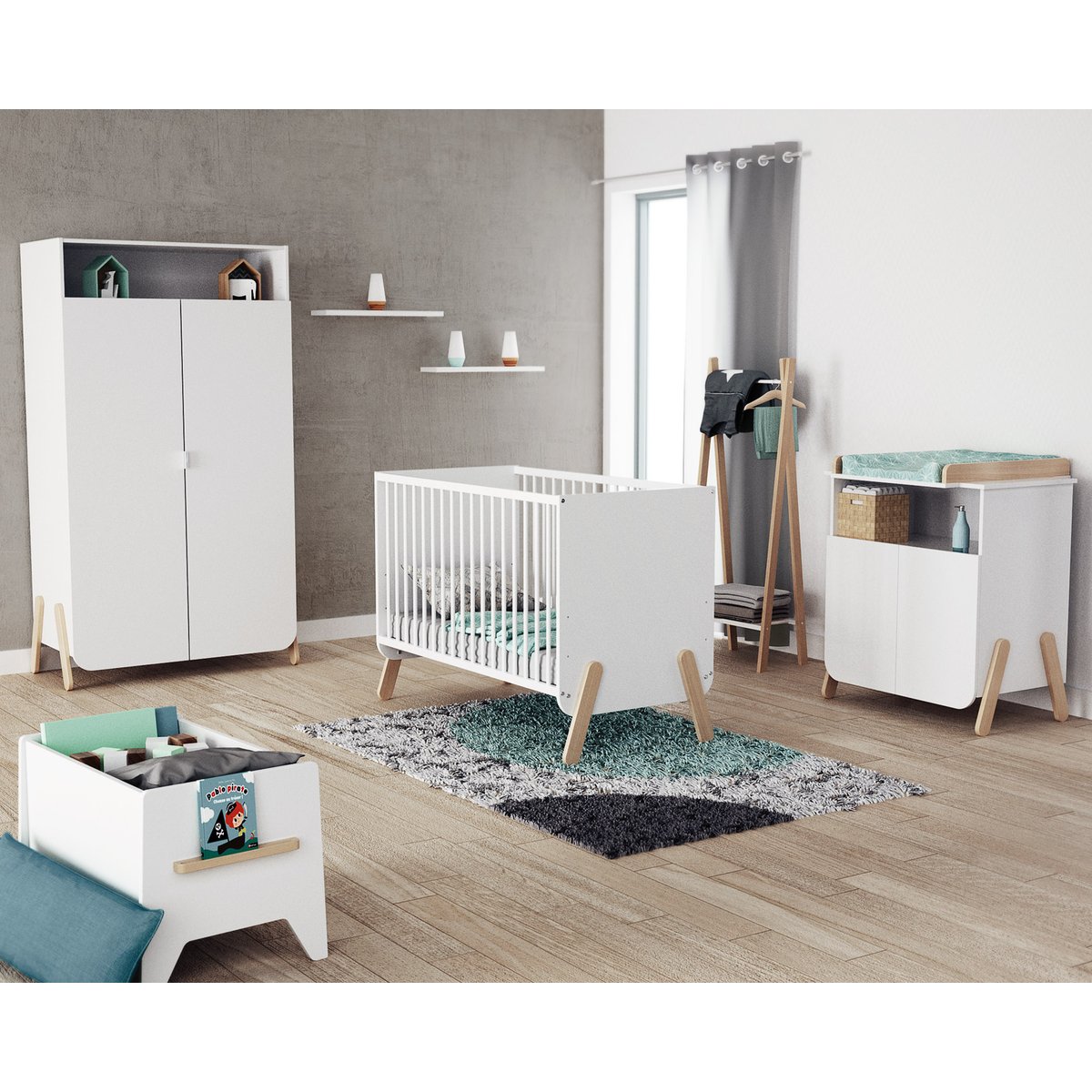 Meuble à langer 2 portes, 1 niche en bois PIRATE blanc et hêtre, WEBABY