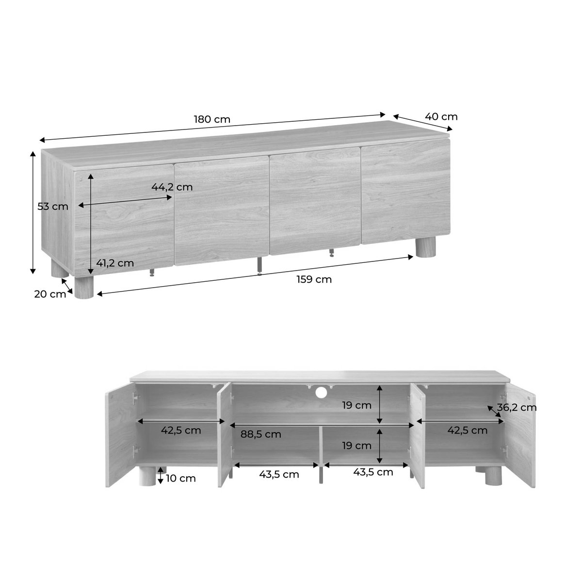Meuble TV décor bois 4 portes 180cm AYANA bois de noisetier, SWEEEK