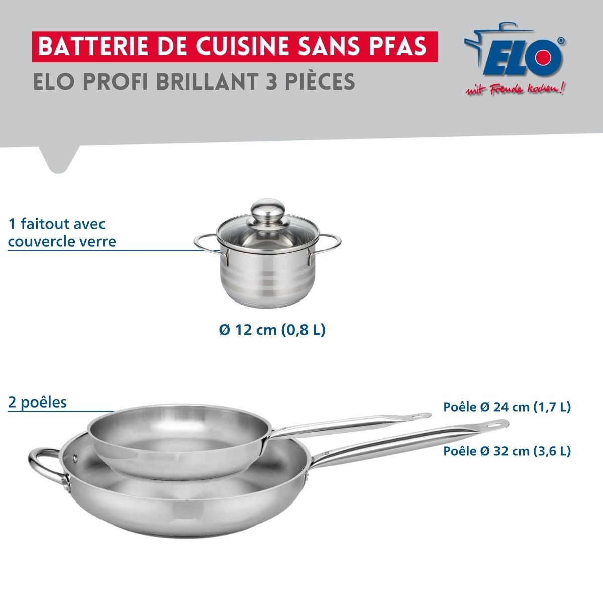 Batterie 2 poêles 24/32cm + 1 faitout 12cm PROFI BRILLANT gris, ELO