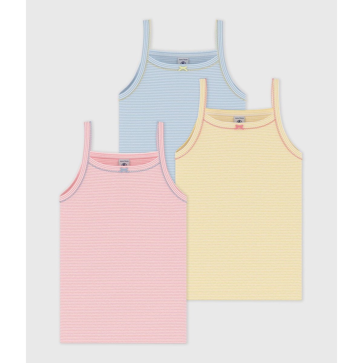 Lot 3 de débardeurs enfant en coton à rayures bleu + rose + jaune, PETIT BATEAU