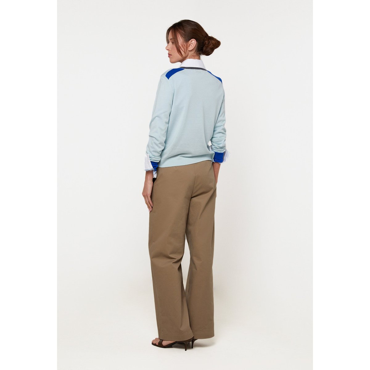 Pull col rond tricolore en laine mérinos turquoise clair, RODIER