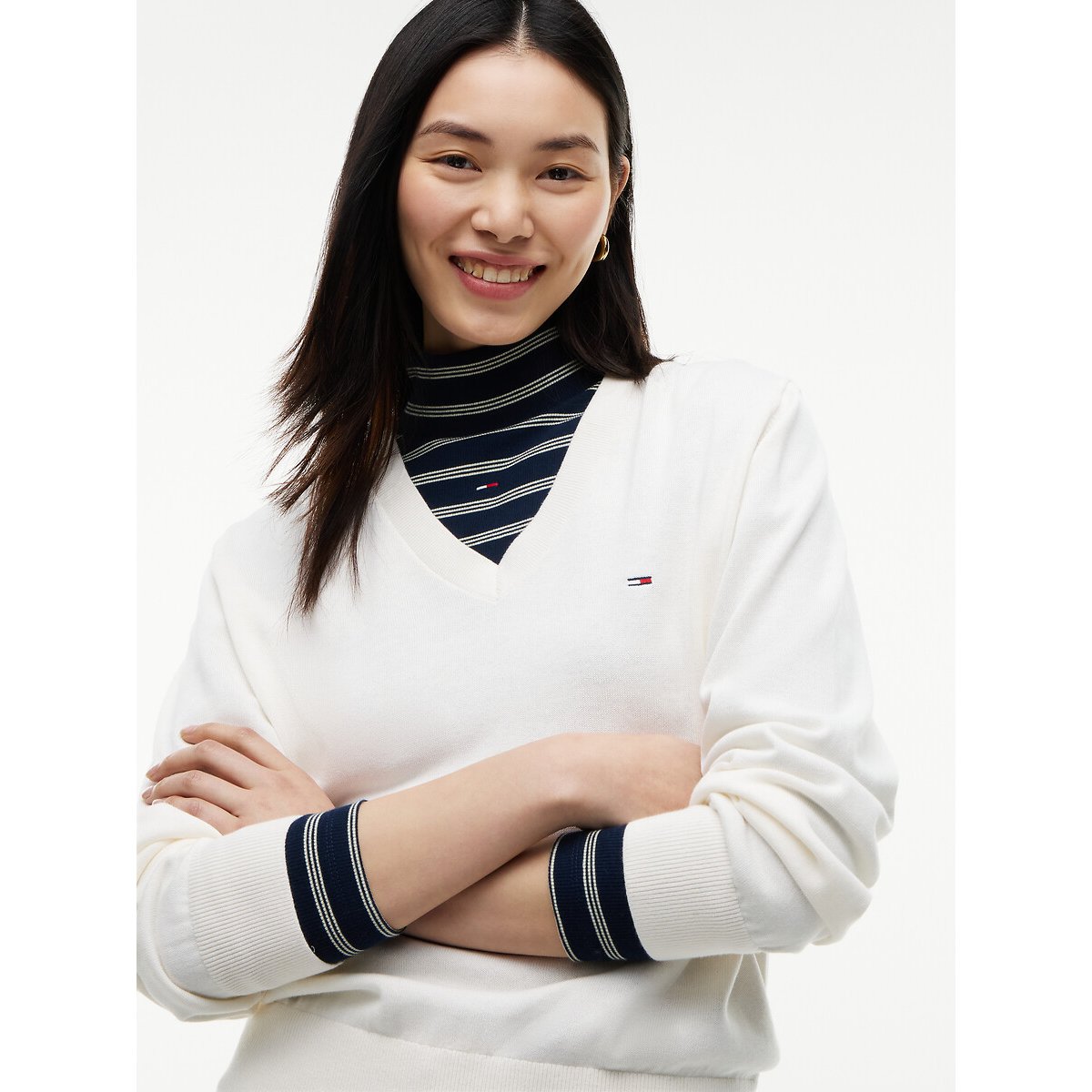 Pull col V manches longues ecru, TOMMY JEANS