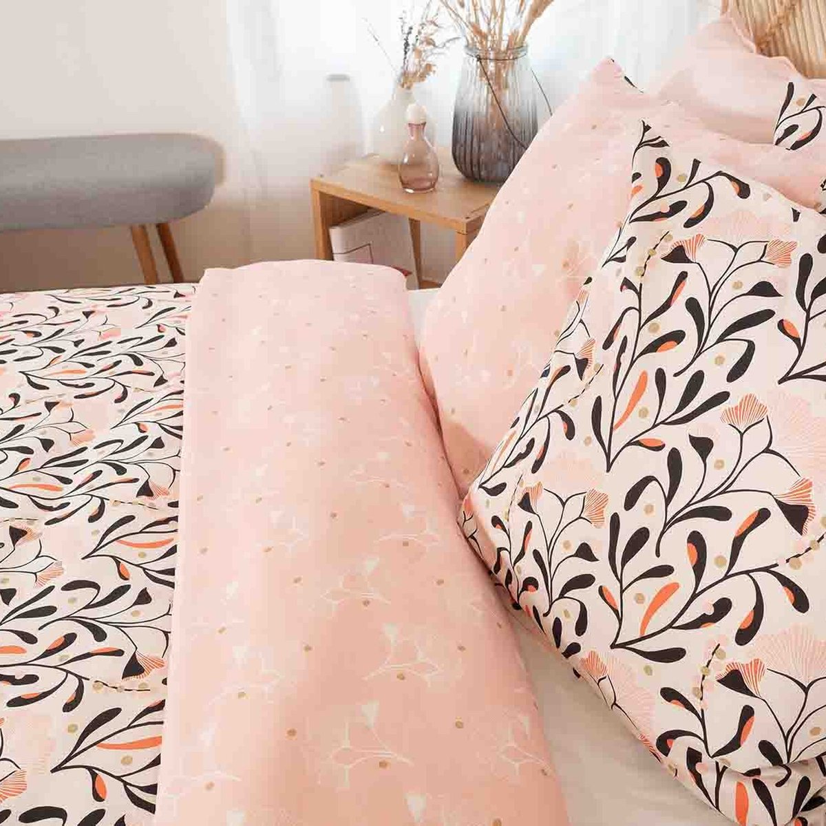 Parure housse de couette en satin de coton imprimée, Joy rose, C DESIGN HOME TEXTILE