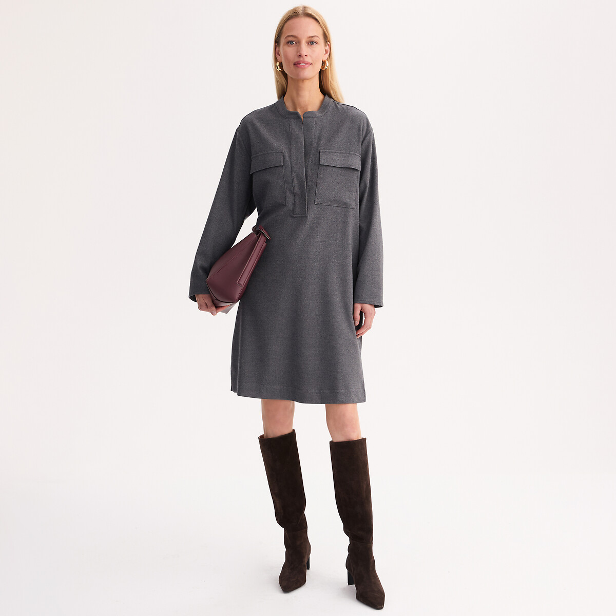Robe droite, en flanelle, manches longues anthracite, ANNE WEYBURN