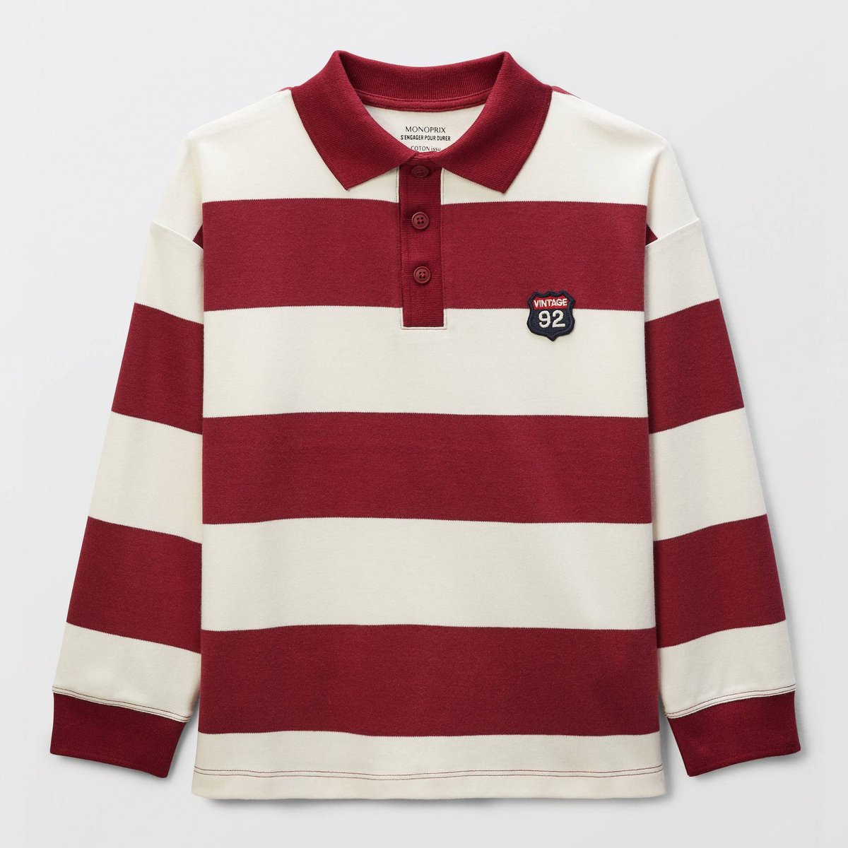 Polo manches longues rayé contenant du coton BIO GOTS bordeaux, MONOPRIX