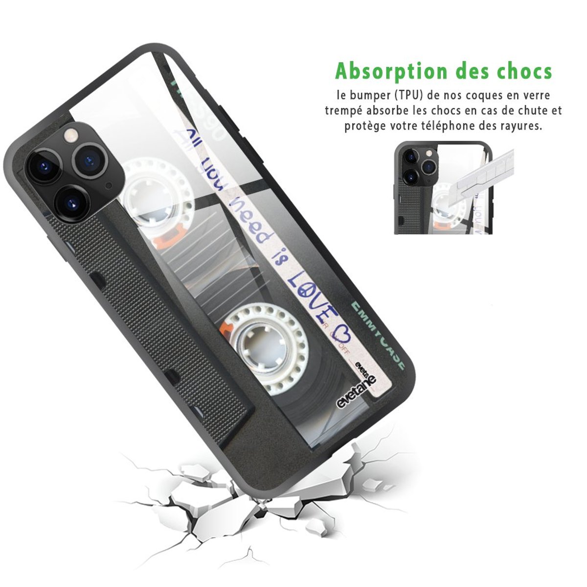 Coque en verre trempé iPhone 11 Pro Max cassette, EVETANE