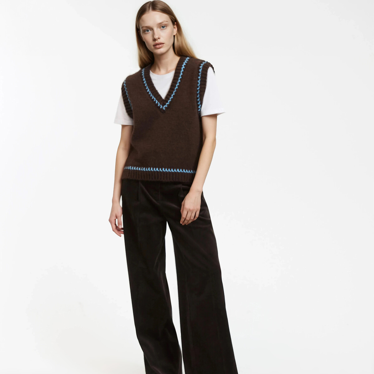 Sleeveless Chunky Knit V-Neck Jumper brown/blue, LA REDOUTE COLLECTIONS