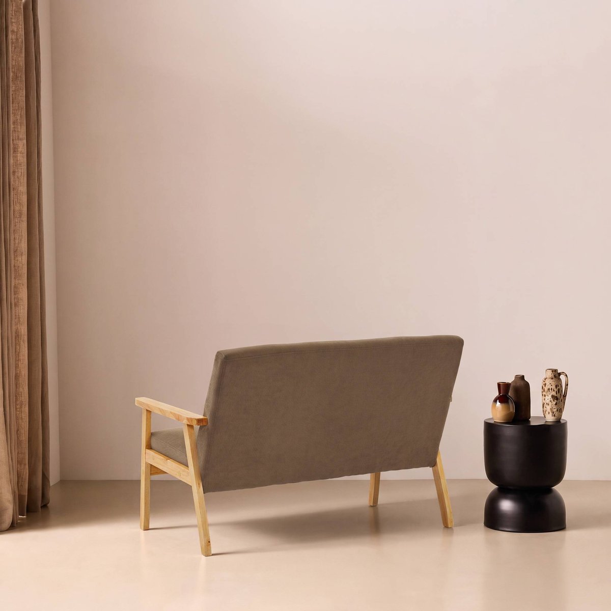 Canapé banquette 2 places bois d'hévéa velours côtelé ISAK taupe, SWEEEK