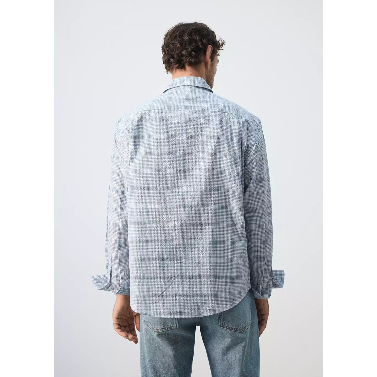 Chemise seersucker texturée à carreaux bleu, MANGO MAN