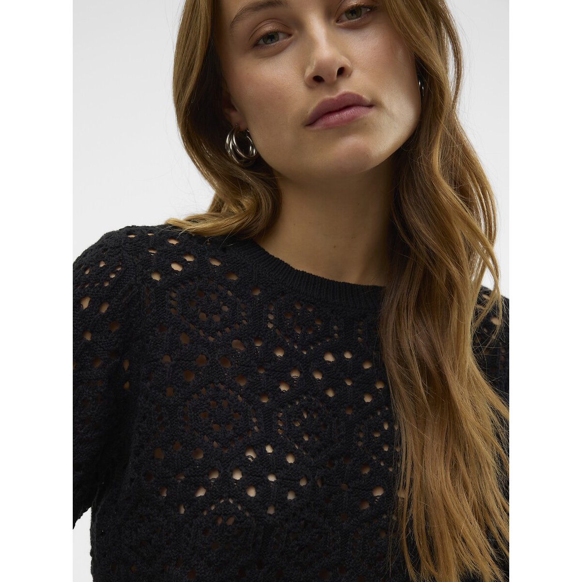 Jumper with 3/4 Length Sleeves and Embroidered Round Neck black, VERO MODA