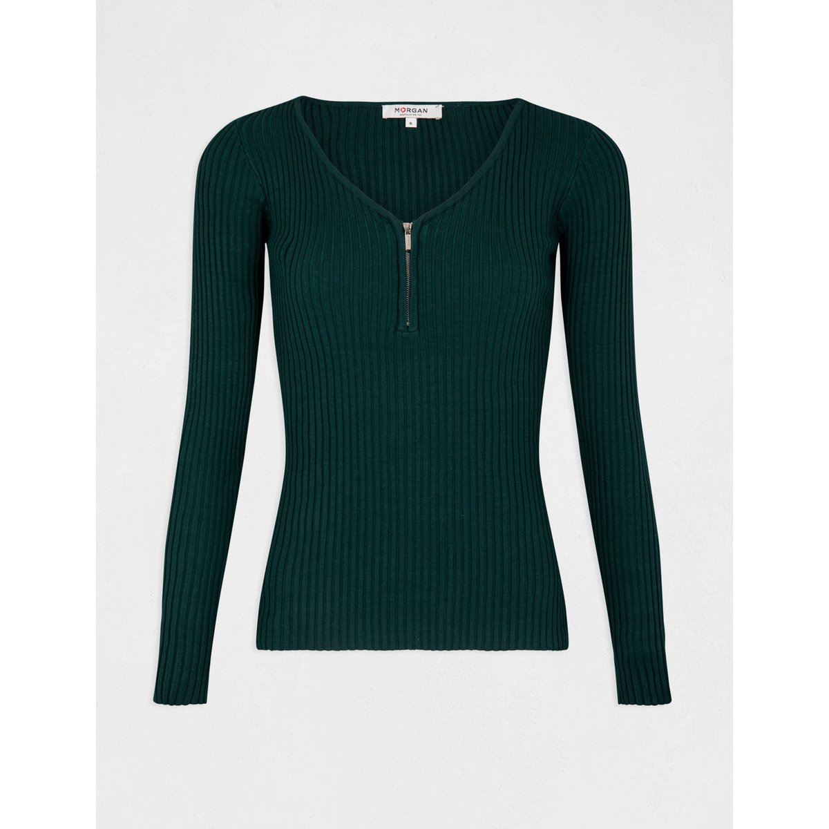 Pull col V zippé en maille côtelée vert, MORGAN