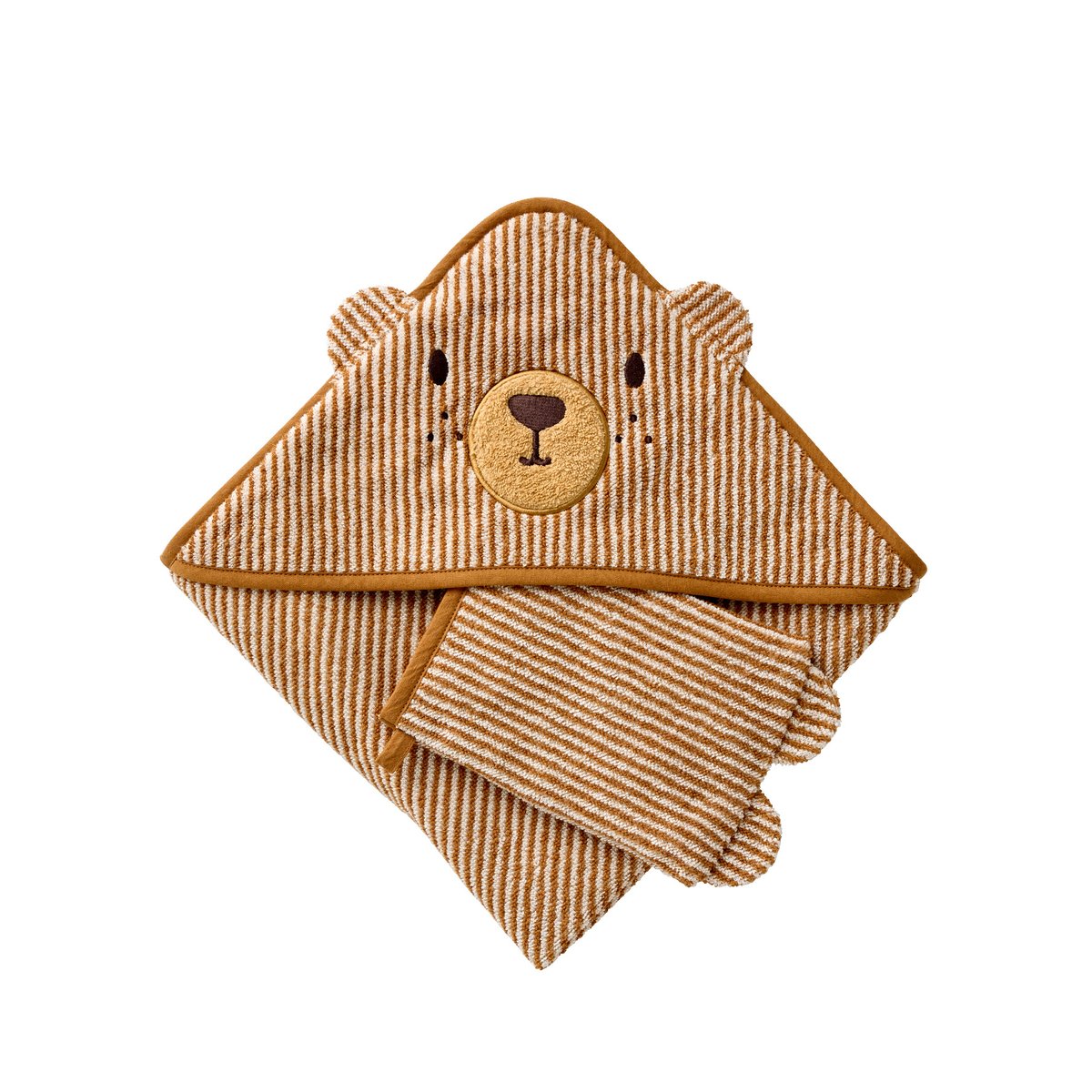 Cape de bain et gant de toilette PETIT OURS, avec coton recylé rayé beige, VERTBAUDET